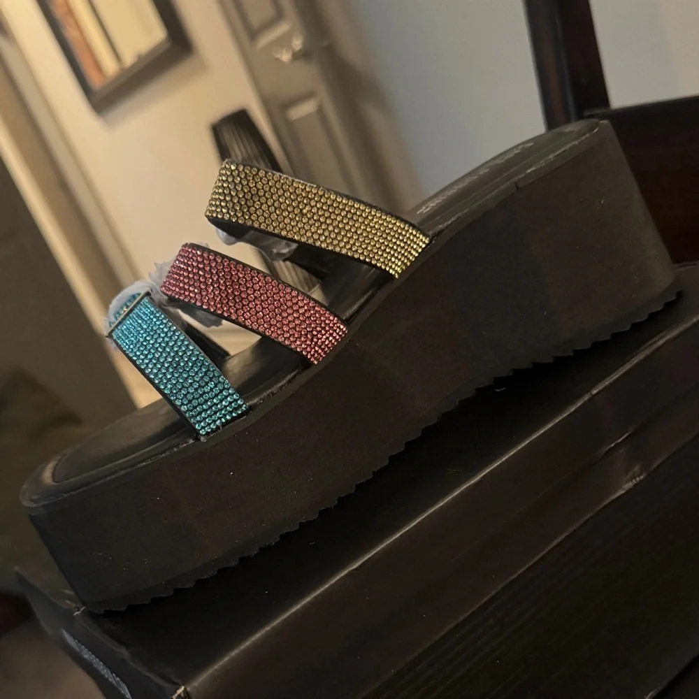 😎Cape Robbin Yellow, Coral & Teal Triple-Strap Platform Slide☀️BRAND NEW IN BOX